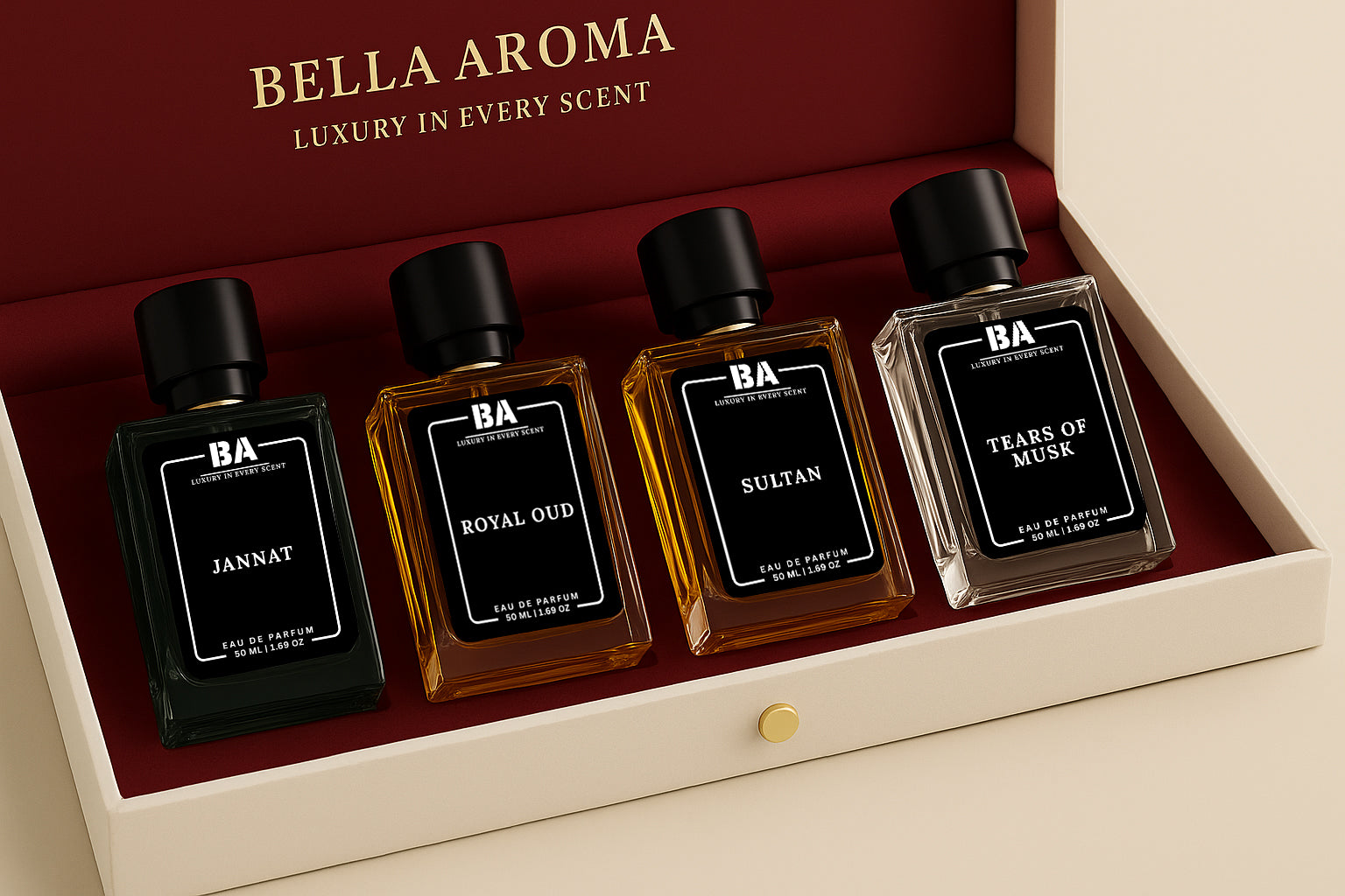 BA Bella Aroma luxury perfume gift box with four Eau de Parfum bottles – Jannat, Royal Oud, Sultan, and Tears of Musk, 50ml each, on red velvet background