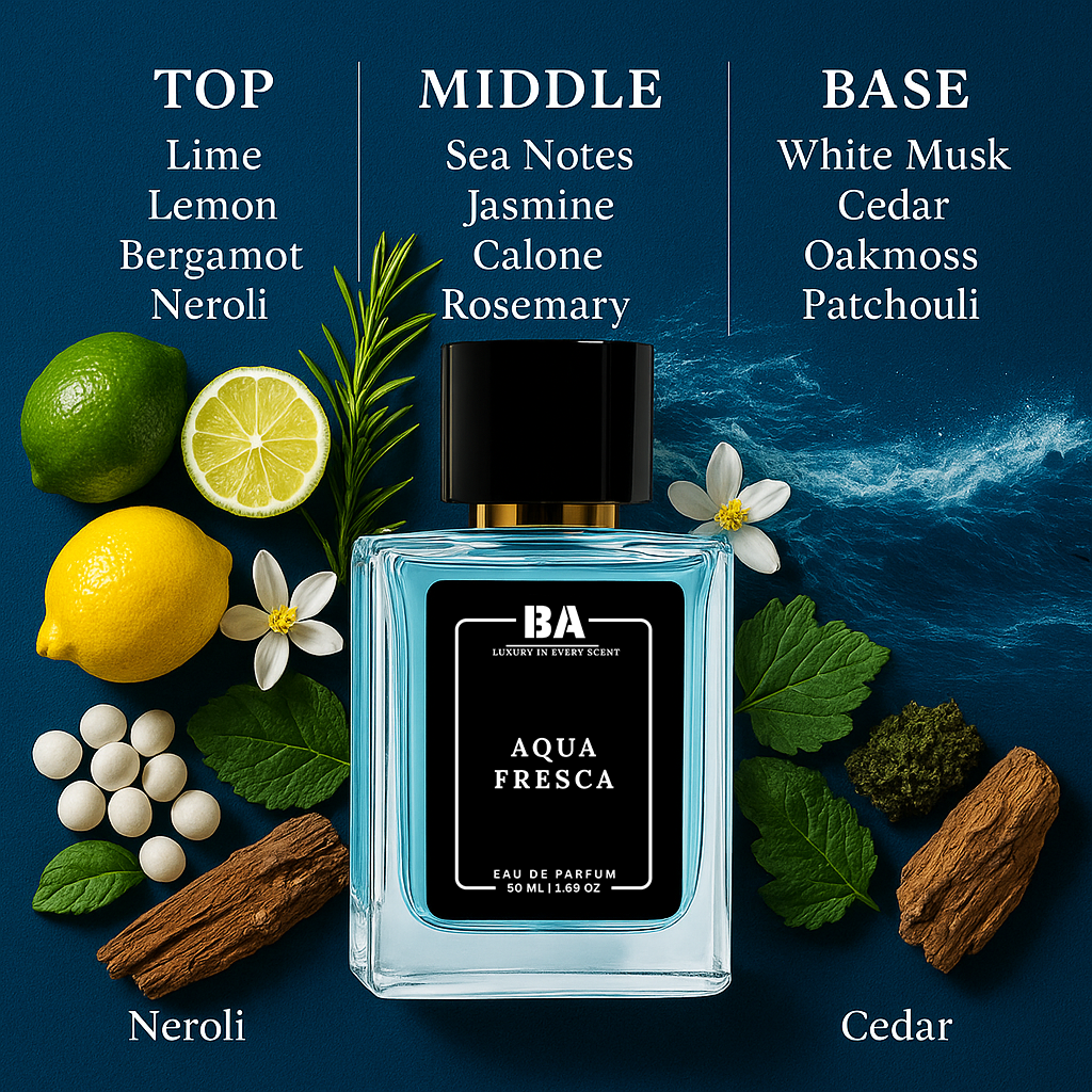 Aqua Fresca Eau de Parfum by bella Aroma – Fresh citrus and marine fragrance with lime, lemon, bergamot, sea notes, jasmine, cedar, oakmoss, and patchouli
