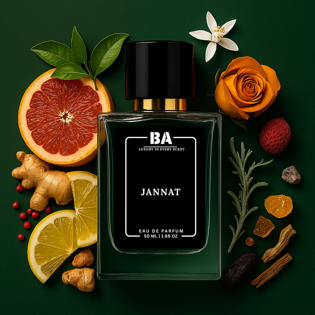 Bella Aroma Jannat Eau de Parfum 50ml – Luxury citrus floral fragrance with grapefruit, ginger, lemon, rose, and amber notes