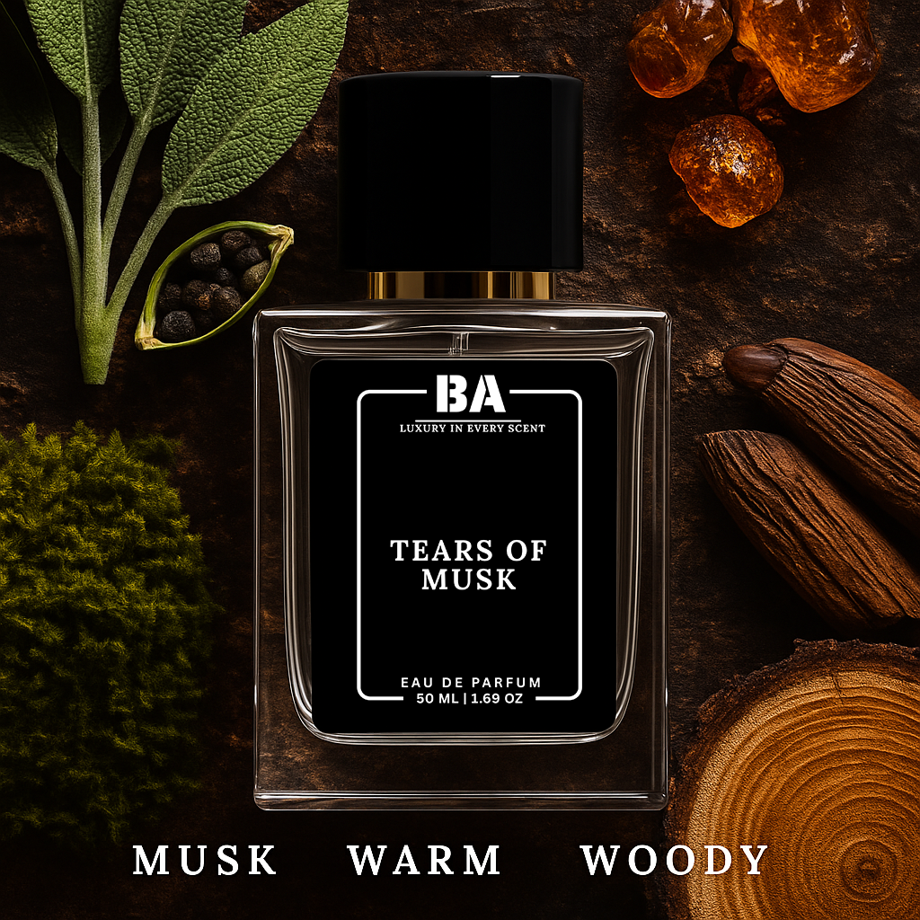 Bella Aroma Tears of Musk Eau de Parfum 50ml – warm woody musk fragrance with sage, spices, amber, and tonka bean notes