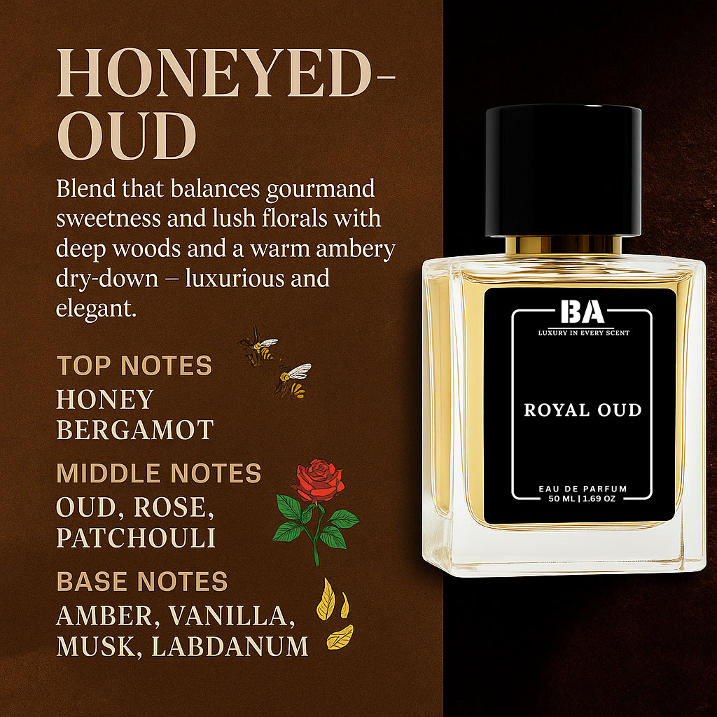 Bella Aroma Royal Oud perfume fragrance notes – honey, bergamot, oud, rose, patchouli, amber, vanilla, musk, labdanum