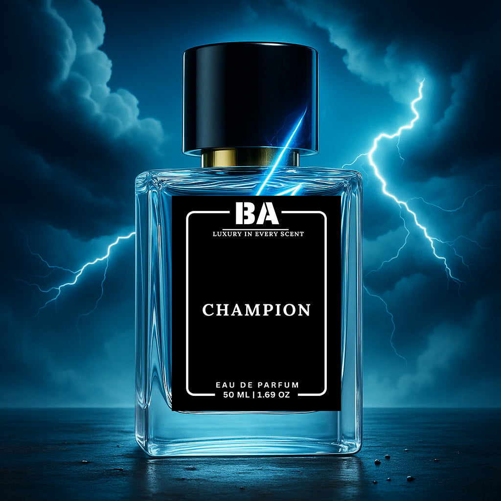 Bella Aroma Champion perfume bottle with black label and blue liquid, showcased with lightning and stormy background for a bold, powerful look
