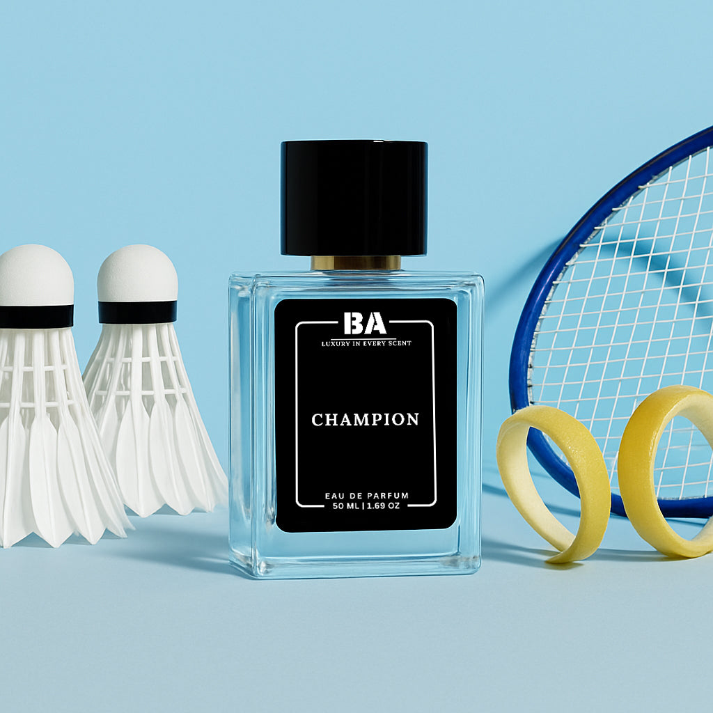 Bella Aroma Champion Eau de Parfum perfume bottle with badminton shuttle and racket sporty fragrance