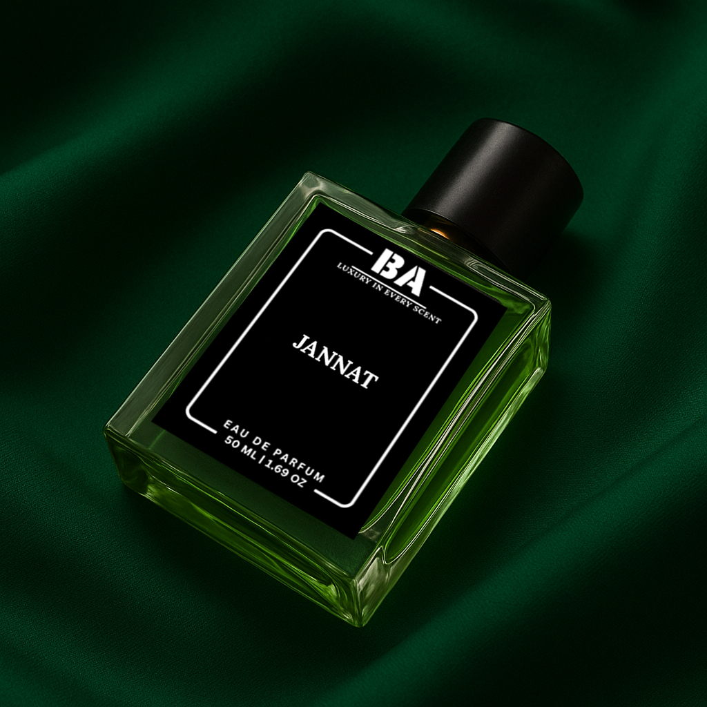 Bella Aroma Jannat perfume bottle with green liquid and black label, luxury eau de parfum on dark green silk background