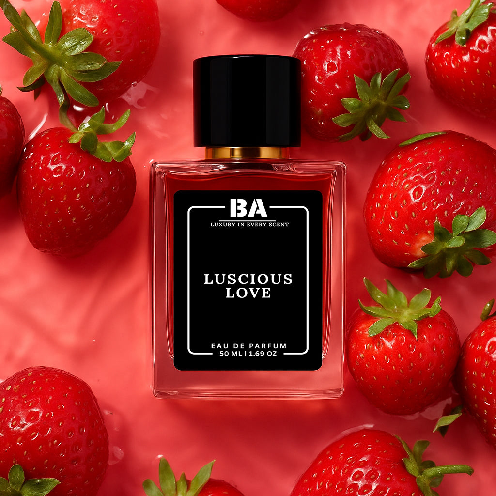 Bella Aroma Luscious Love perfume bottle with black cap and strawberry background on pink surface