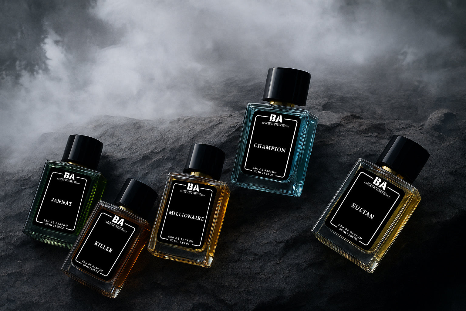 Bella Aroma luxury perfume collection – Jannat, Killer, Millionaire, Champion, and Sultan Eau de Parfum bottles displayed on dark stone with smoky background, 50ml each