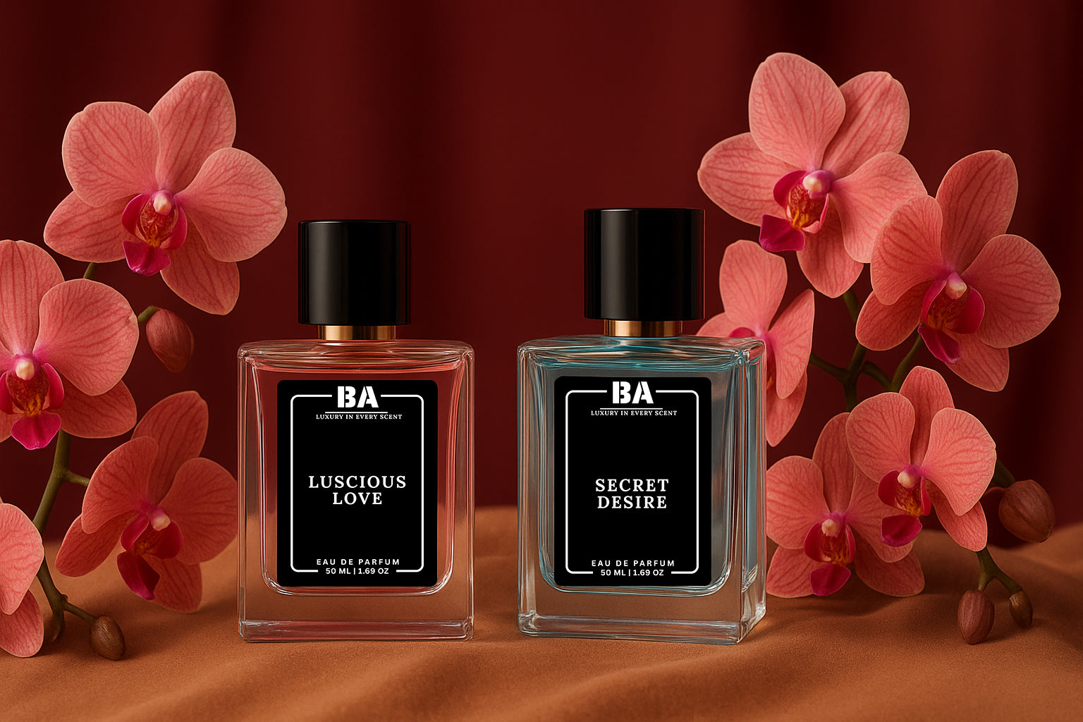 Bella Aroma luxury perfume collection – Luscious Love and Secret Desire Eau de Parfum bottles with pink orchid flowers on red fabric background, 50ml each