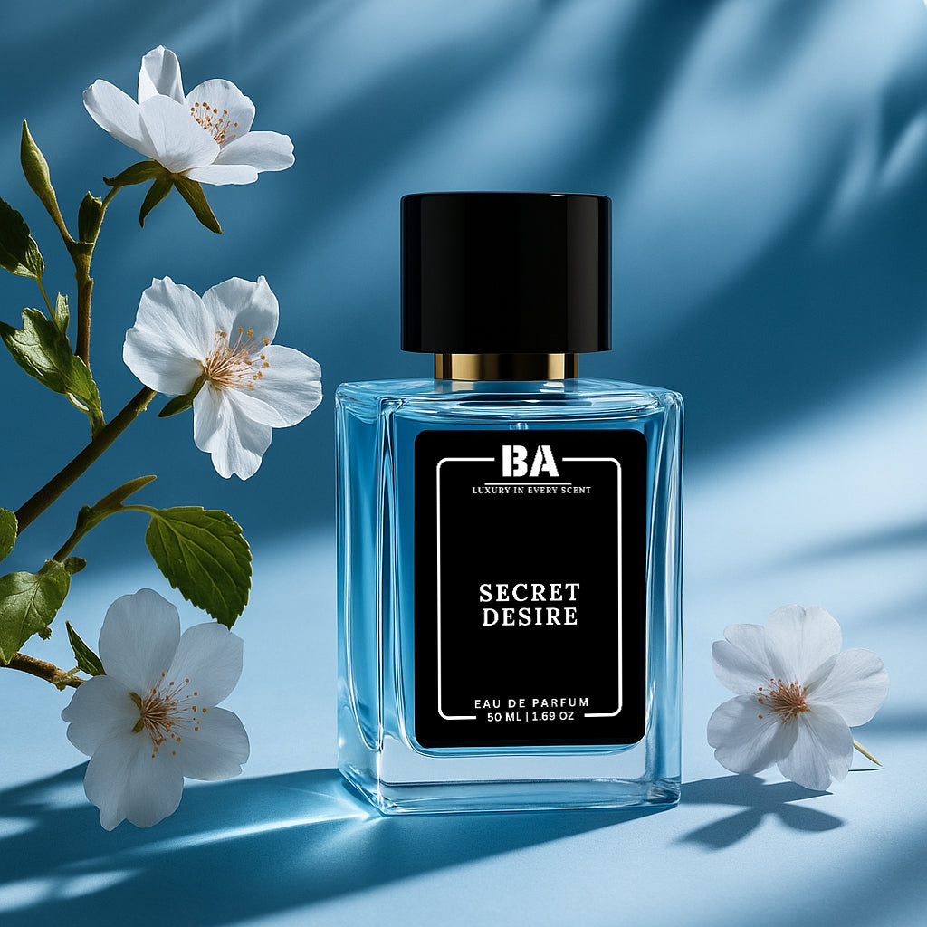 Bella Aroma Secret Desire luxury perfume bottle with black cap and floral background on blue surface