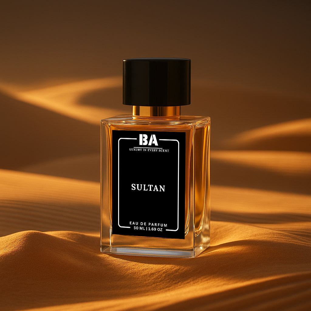 Bella Aroma Sultan Eau de Parfum luxury oriental fragrance bottle in desert sands