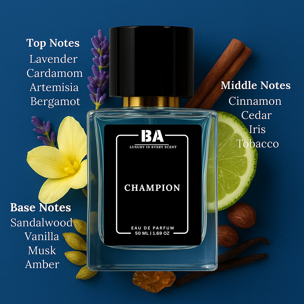 Champion Eau de Parfum 50ml luxury perfume by Bella Aroma with fragrance notes lavender, cardamom, bergamot, cinnamon, cedar, tobacco, sandalwood, vanilla, musk, and amber