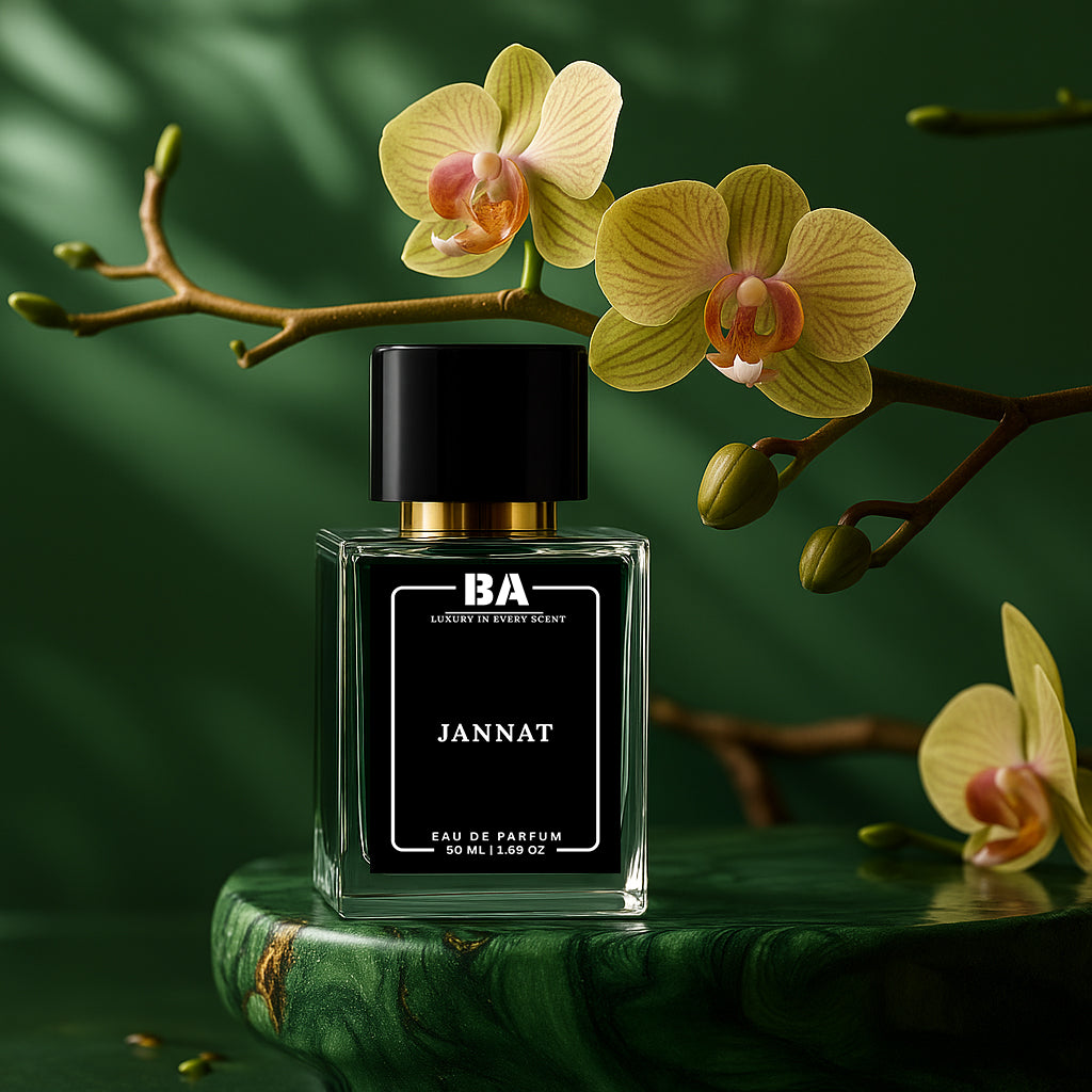 Bella Aroma Jannat Eau de Parfum 50ml luxury perfume bottle with black cap on green marble surface with orchids