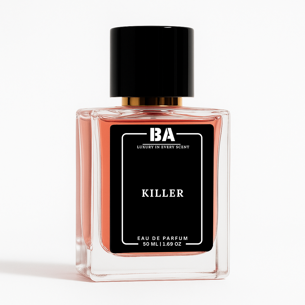 Killer Eau de Parfum 50ml perfume bottle with bold black label design