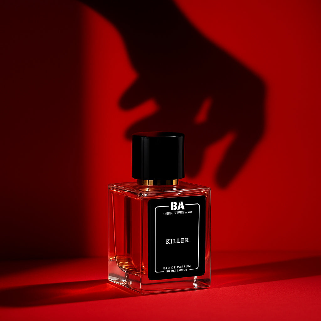 Bella Aroma Killer perfume bottle for men, luxury eau de parfum with bold black cap and elegant square design on red background