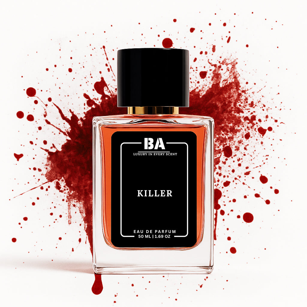 Bella Aroma Killer Eau de Parfum bottle with black cap and amber liquid, luxury fragrance with dramatic red splash background