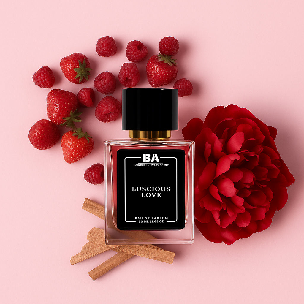 Luscious Love Eau de Parfum 50ml luxury perfume bottle by Bella Aroma with strawberries, raspberries, cinnamon, and red flower on pink background