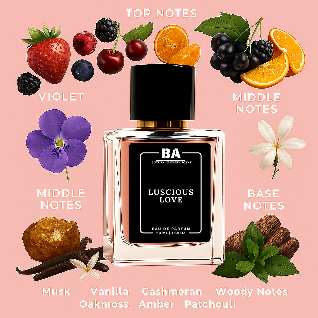 Luscious Love Eau de Parfum by Bella Aroma with fruity top notes of strawberry, raspberry, cherry, and orange, floral middle notes of violet and blackberry, and warm base notes of vanilla, musk, amber, and patchouli