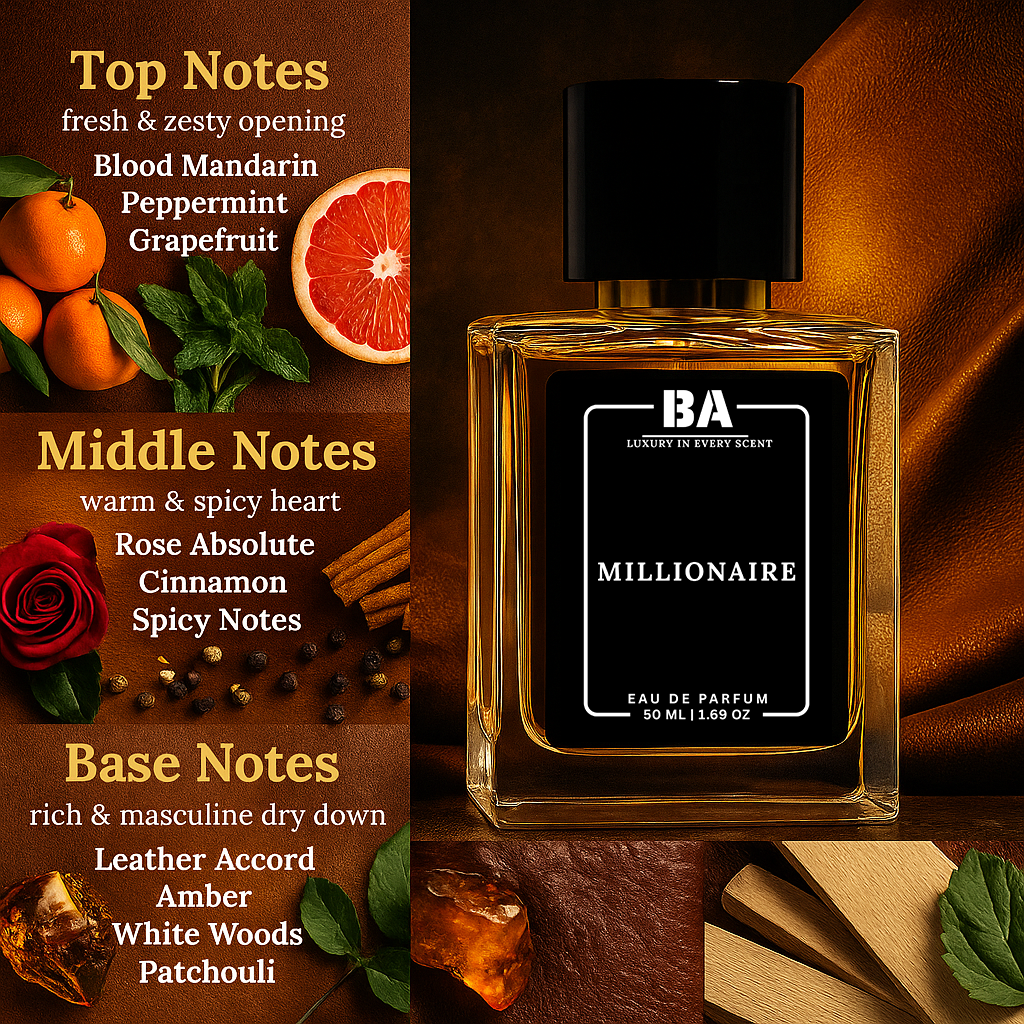 Bella Aroma Millionaire Eau de Parfum 50ml – masculine spicy fragrance with blood mandarin, peppermint, rose absolute, cinnamon, leather, amber, and patchouli