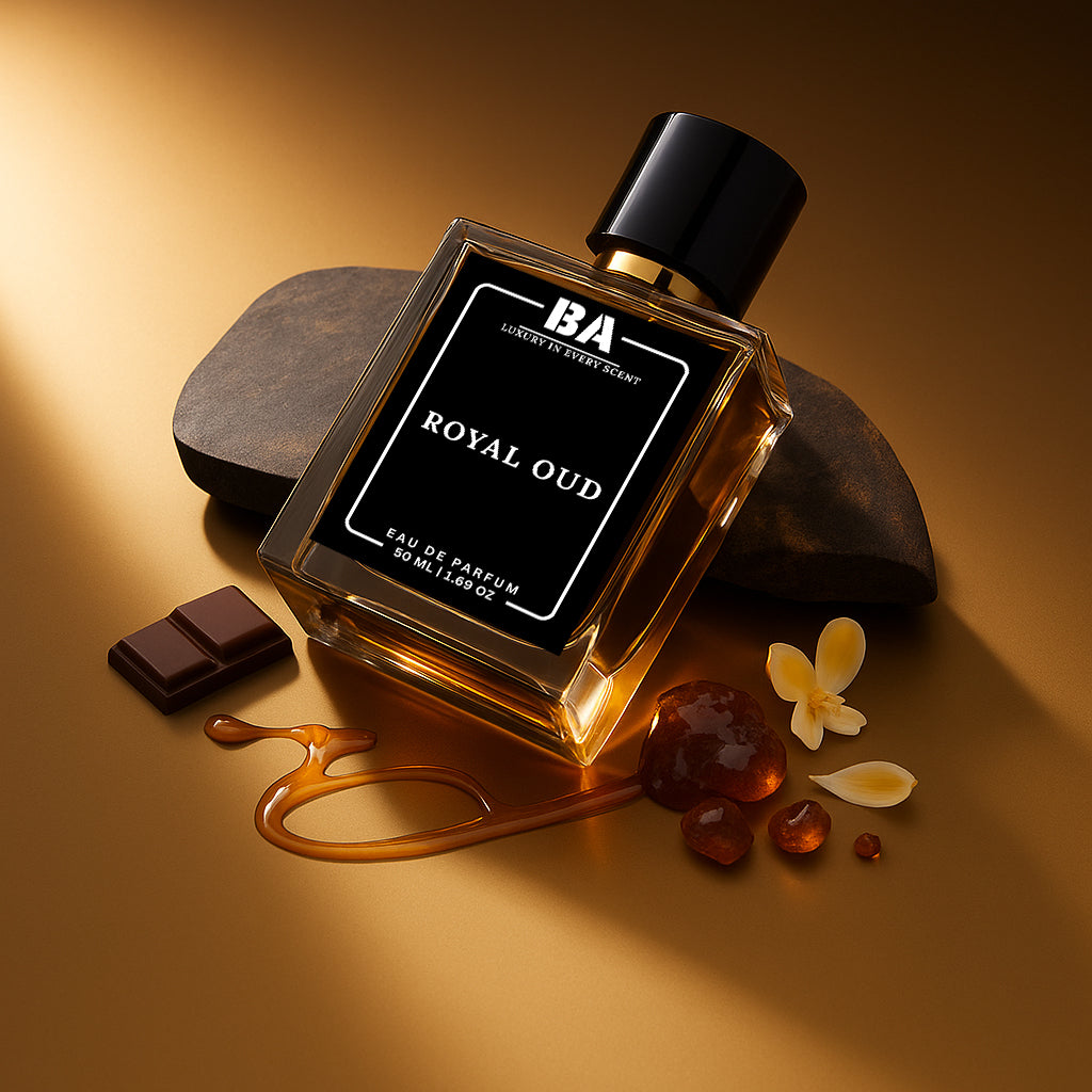 Bella Aroma Royal Oud Eau de Parfum 50ml – luxurious oriental woody fragrance with oud, amber, chocolate, honey, and floral notes
