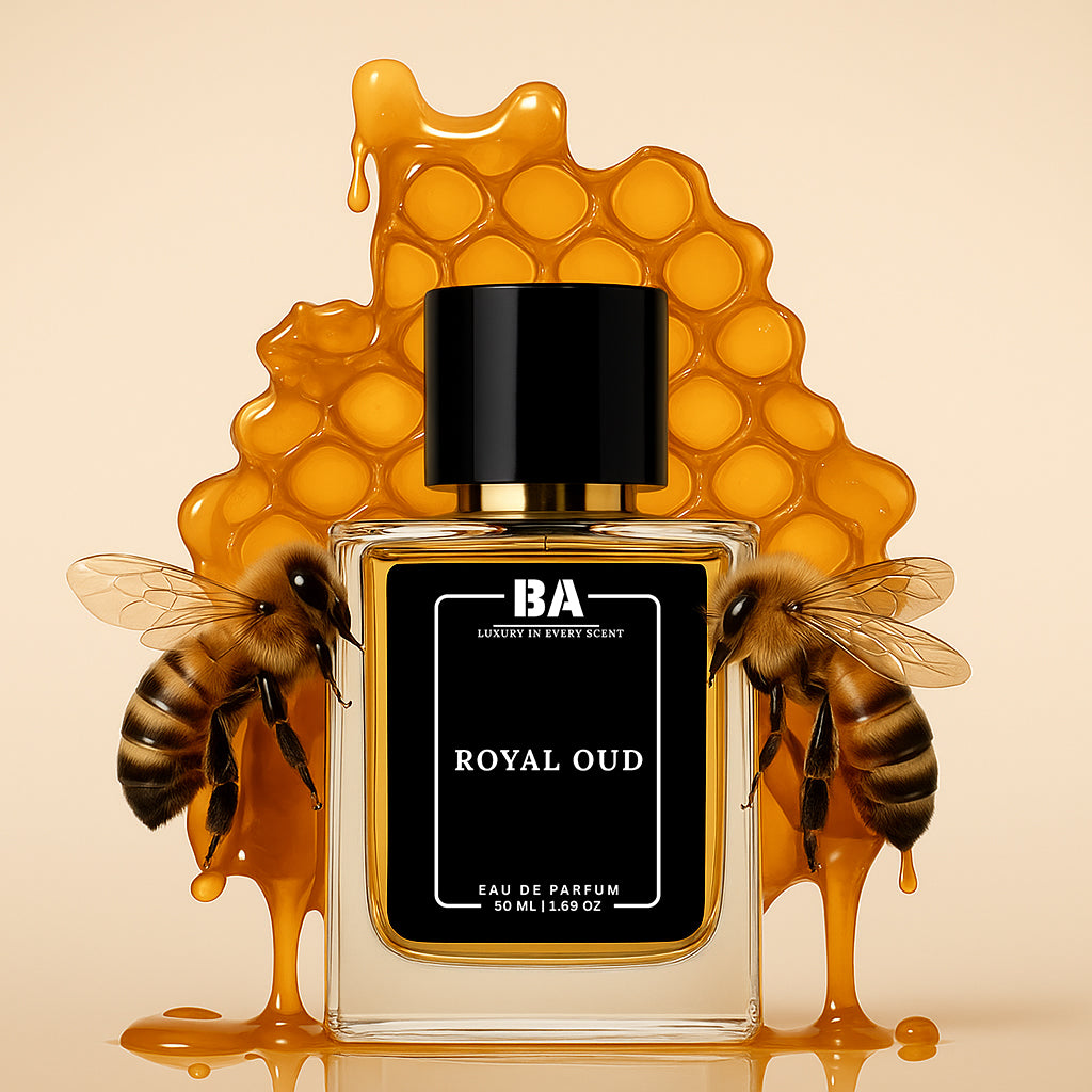 Bella Aroma Royal Oud Eau de Parfum bottle with honey and bees – luxurious honeyed oud fragrance