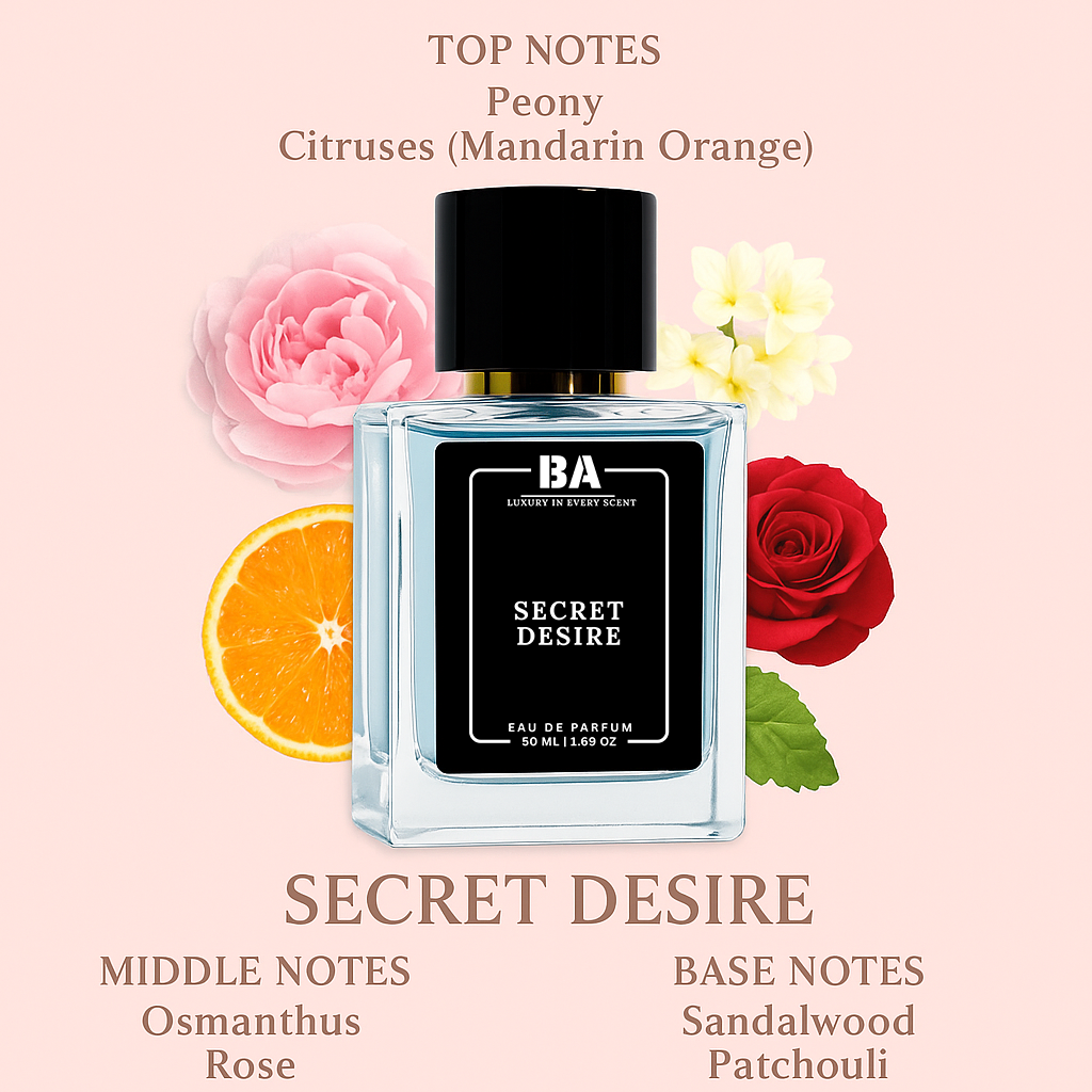 Bella Aroma Secret Desire Eau de Parfum – Elegant floral fragrance with peony, mandarin orange, osmanthus, rose, sandalwood, and patchouli