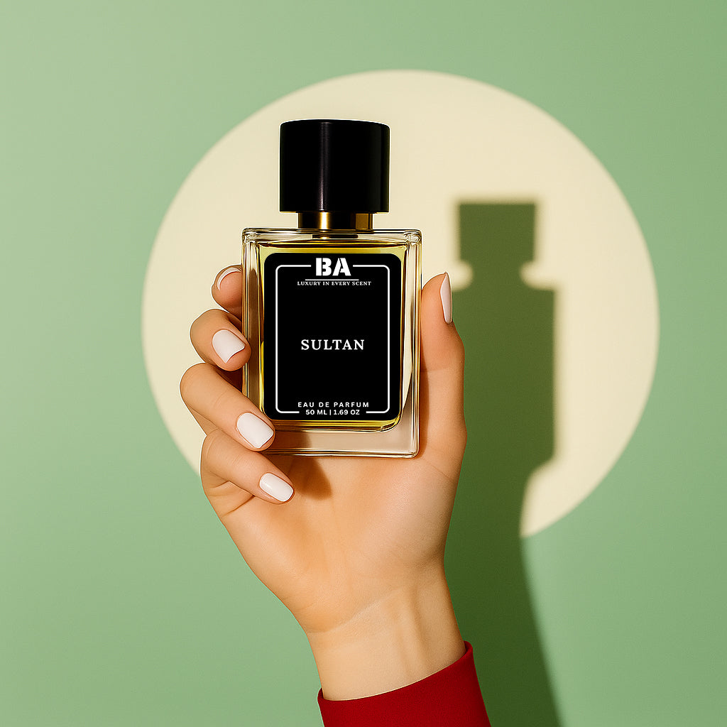 Sultan Eau de Parfum 50ml perfume bottle held in hand with black cap on green background and circular light shadow