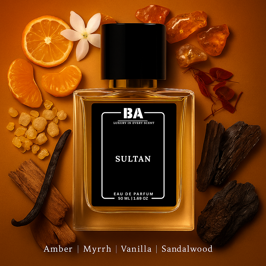 Bella Aroma Sultan Eau de Parfum – Luxurious oriental fragrance with amber, myrrh, vanilla, sandalwood, and warm resinous notes