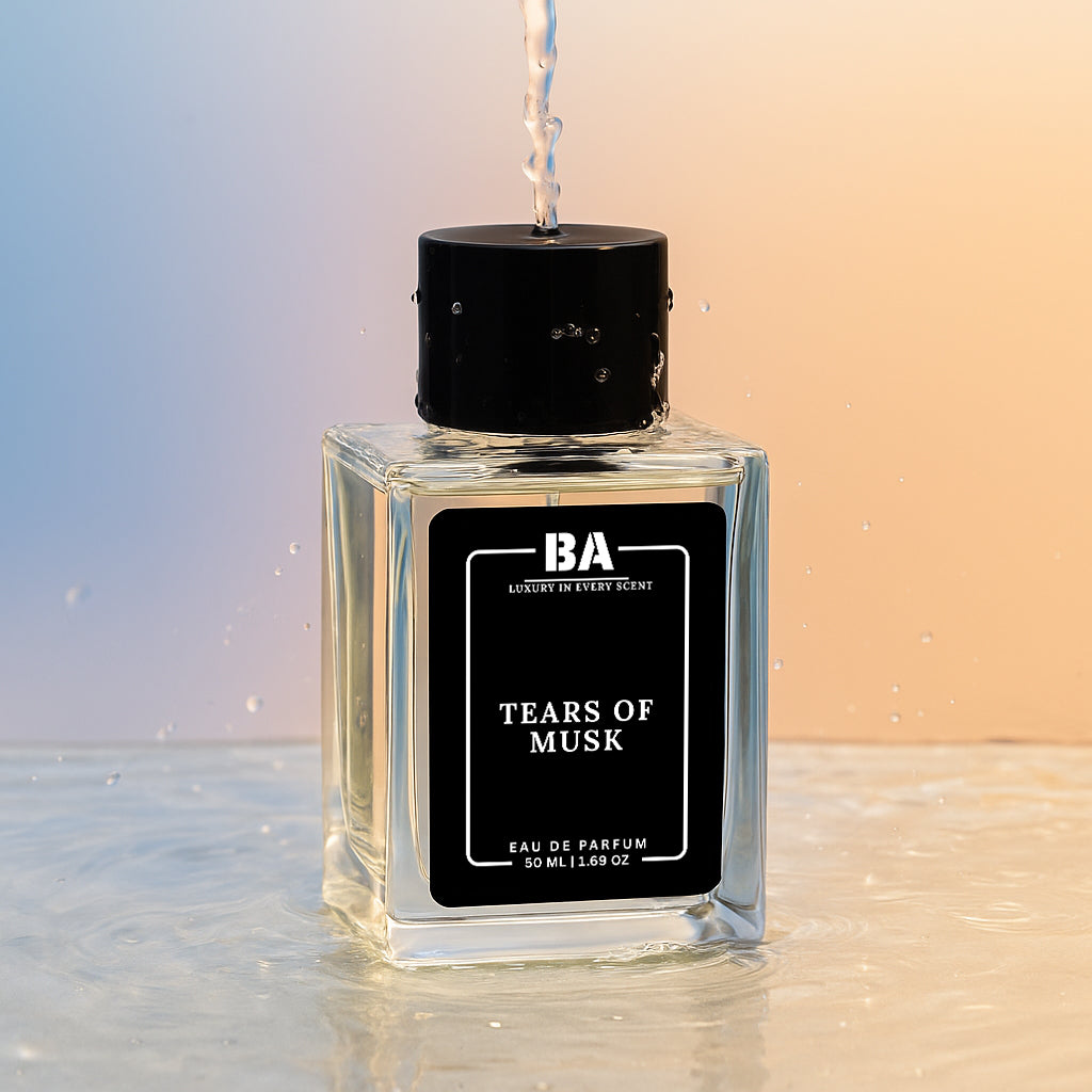 Bella Aroma Tears of Musk Eau de Parfum 50ml luxury perfume bottle by BA with water splash background